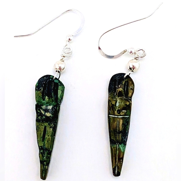 🎄 Christmas Gift Idea — Turquoise Goddess Carved Stone Earrings – 925 2¼" Drop - Picture 2 of 2
